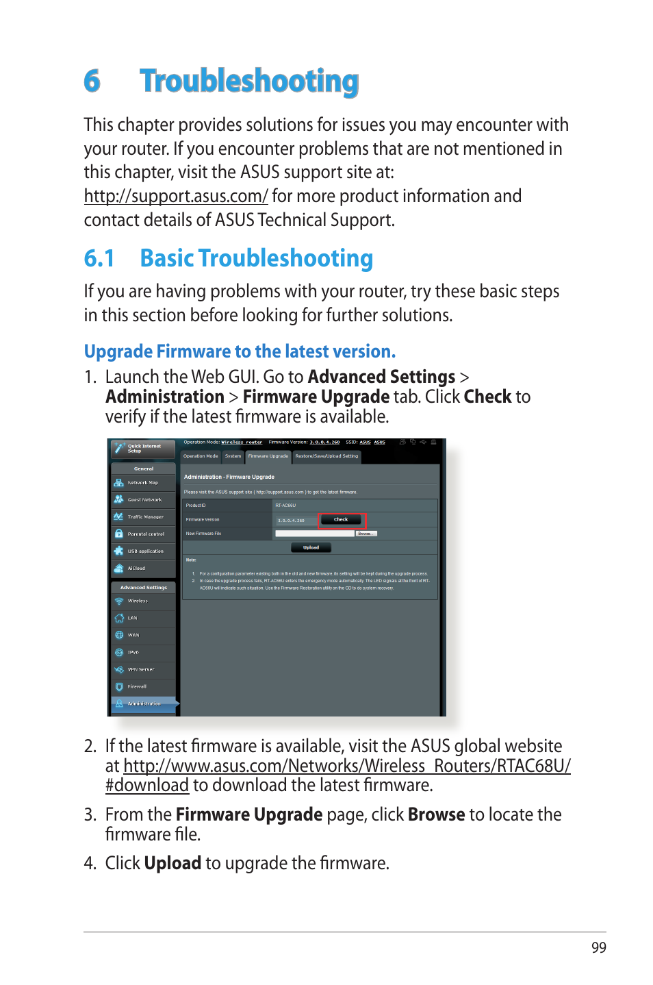 6 troubleshooting, 1 basic troubleshooting, Troubleshooting | Basic troubleshooting | Asus RT-AC68R User Manual | Page 99 / 129