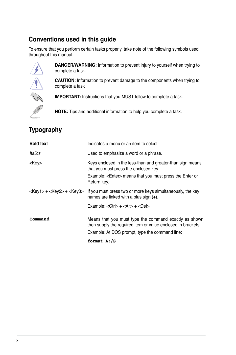 Conventions used in this guide, Typography | Asus P9D-MV User Manual | Page 10 / 156