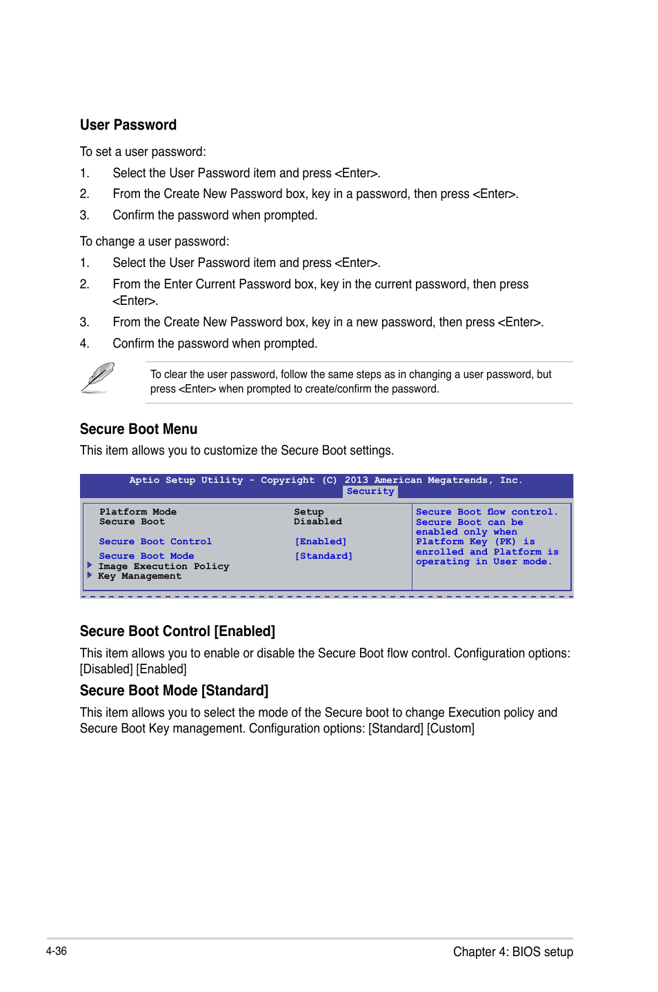 User password, Secure boot menu, Secure boot control [enabled | Secure boot mode [standard | Asus P9D-MV User Manual | Page 100 / 156