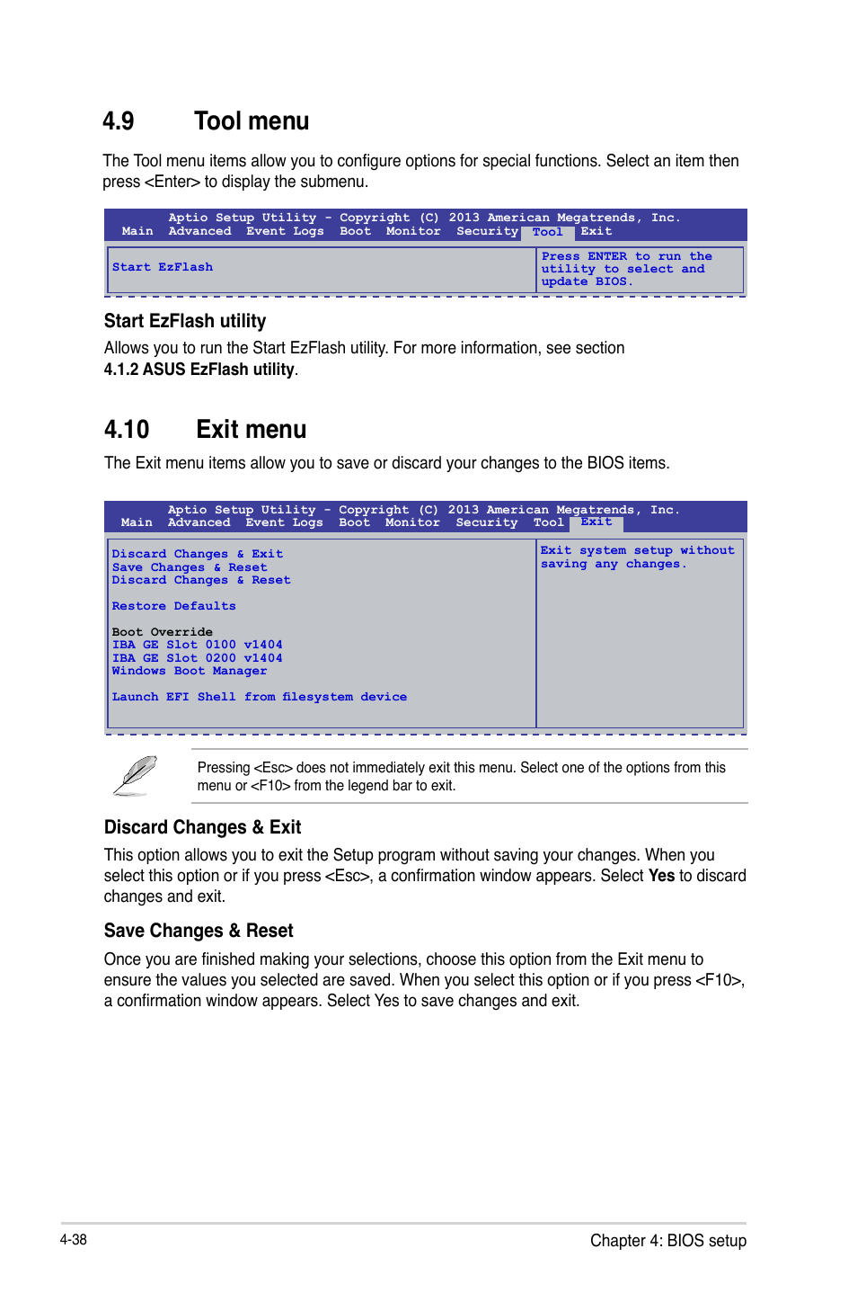 9 tool menu, 10 exit menu, Tool menu -38 | Exit menu -38, Tool menu -39, Exit menu -39, Discard changes & exit, Save changes & reset, Start ezflash utility | Asus P9D-MV User Manual | Page 102 / 156