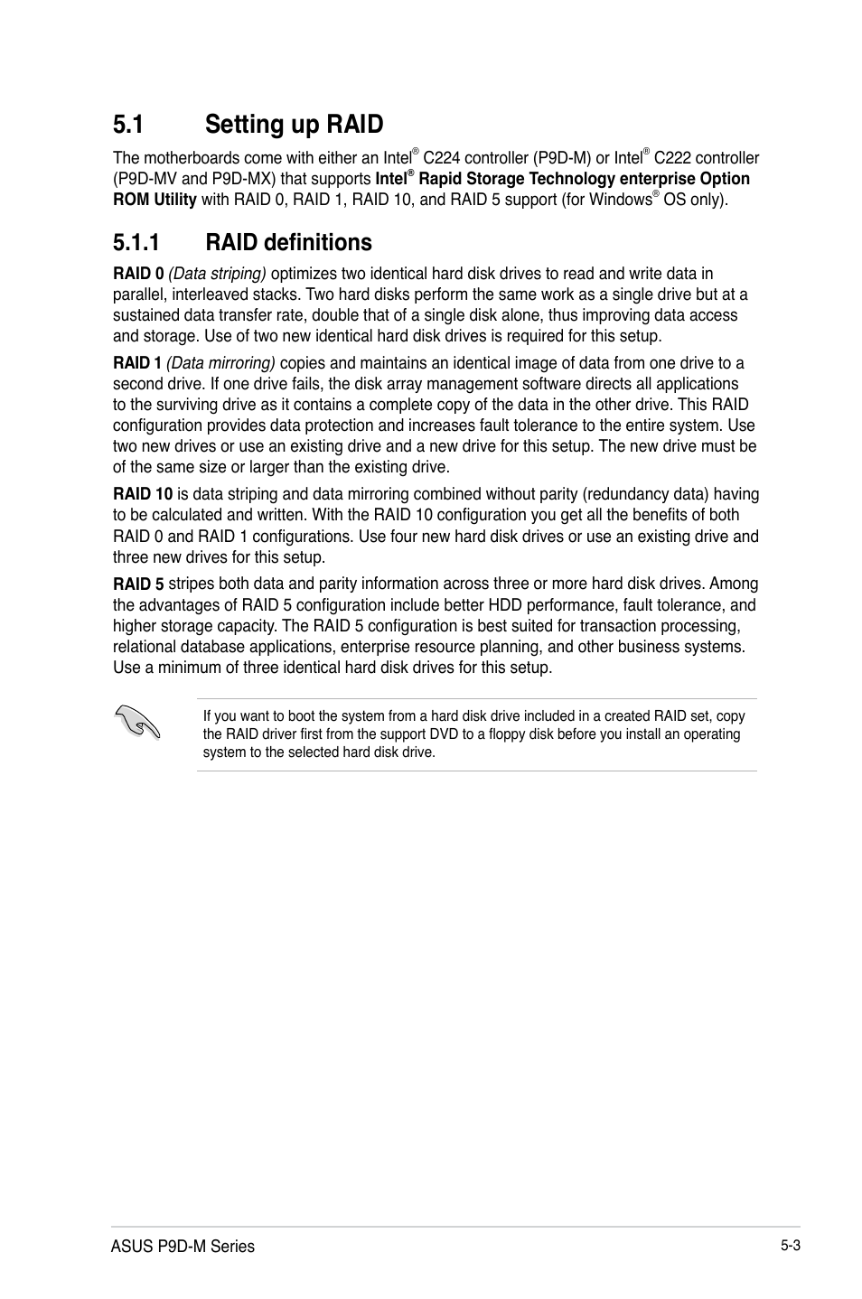 1 setting up raid, 1 raid definitions, Setting up raid -3 5.1.1 | Raid definitions -3, Setting up raid -3 | Asus P9D-MV User Manual | Page 107 / 156