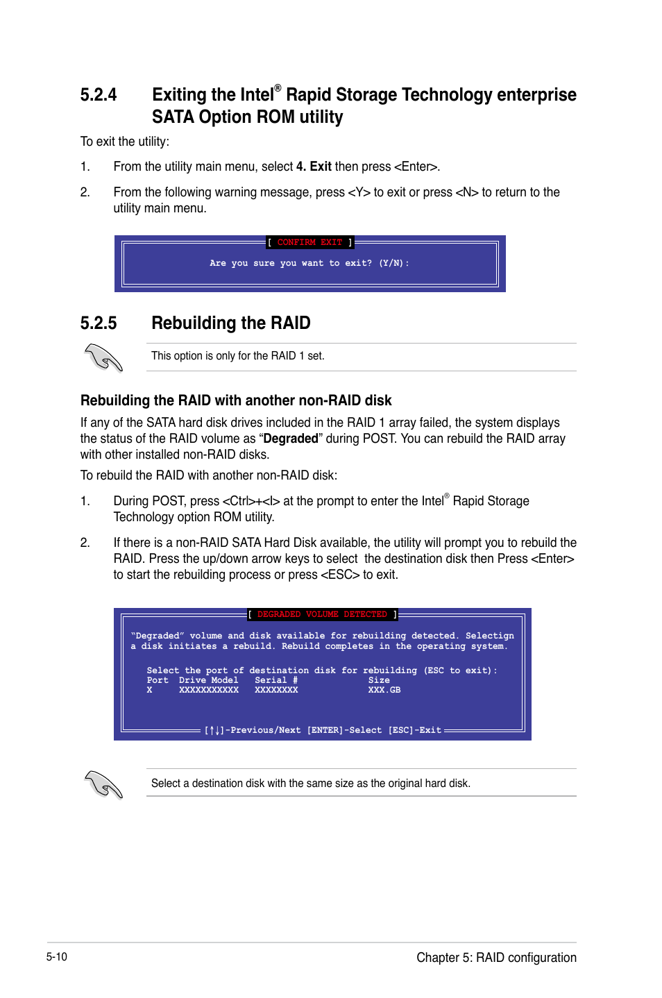 5 rebuilding the raid, Exiting the sata option rom utility -10, Rebuilding the raid -10 | 4 exiting the intel | Asus P9D-MV User Manual | Page 114 / 156
