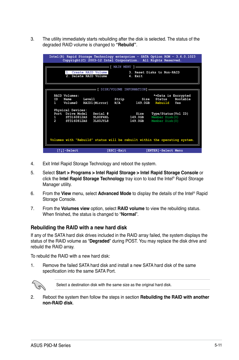 Rebuilding the raid with a new hard disk | Asus P9D-MV User Manual | Page 115 / 156