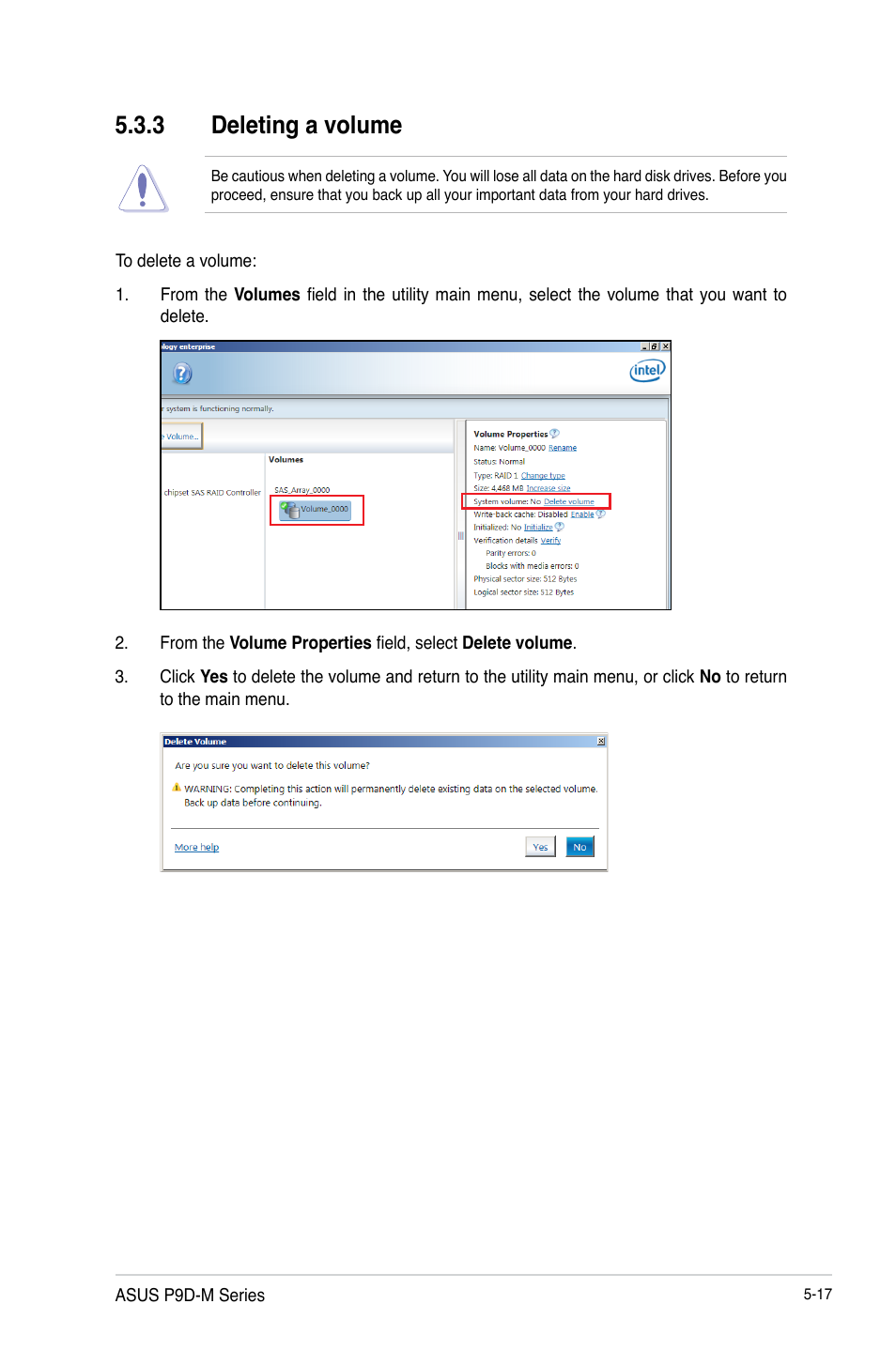 3 deleting a volume, Deleting a volume -17 | Asus P9D-MV User Manual | Page 121 / 156