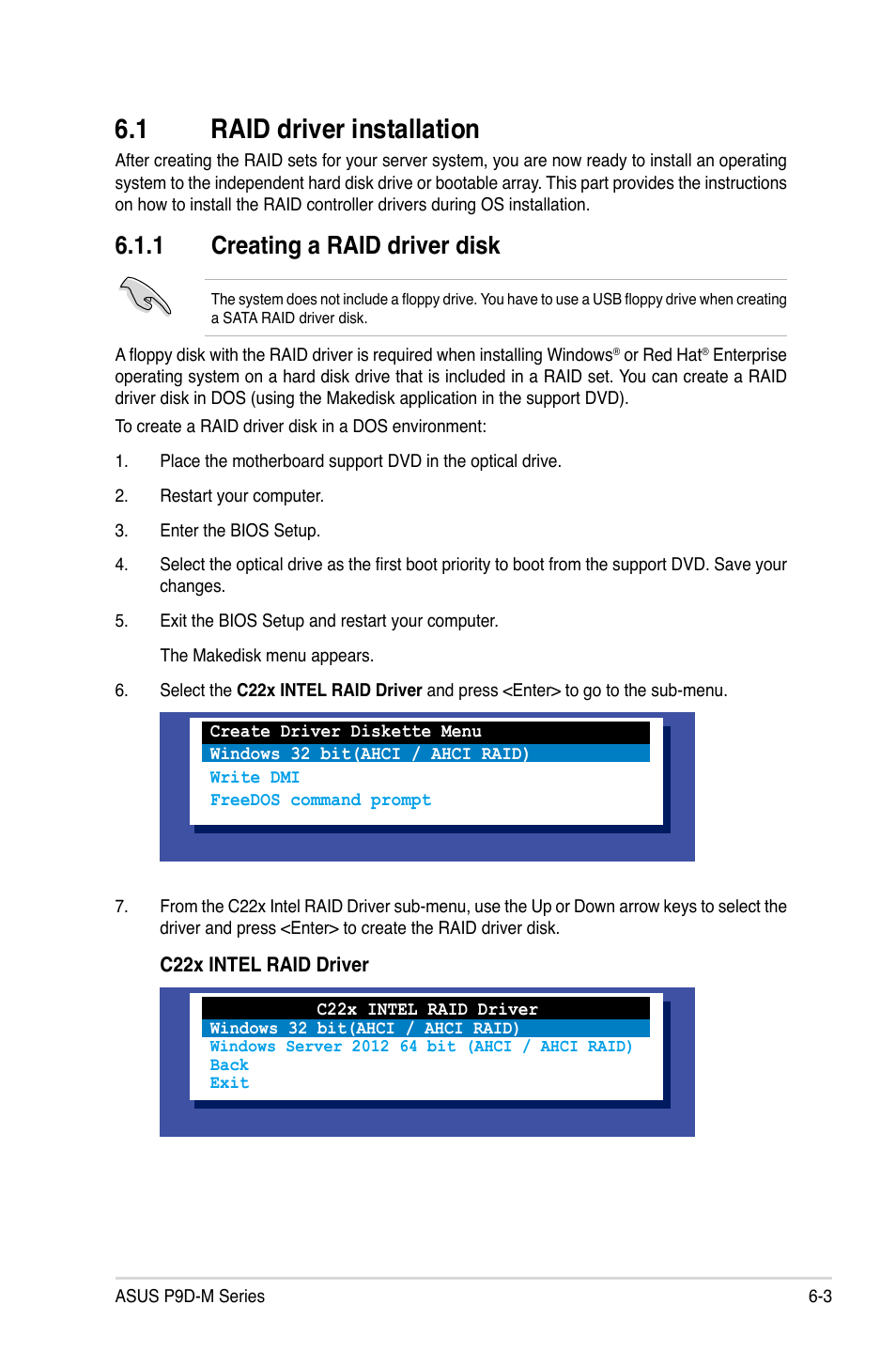 1 raid driver installation, 1 creating a raid driver disk, Raid driver installation -3 6.1.1 | Creating a raid driver disk -3 | Asus P9D-MV User Manual | Page 125 / 156