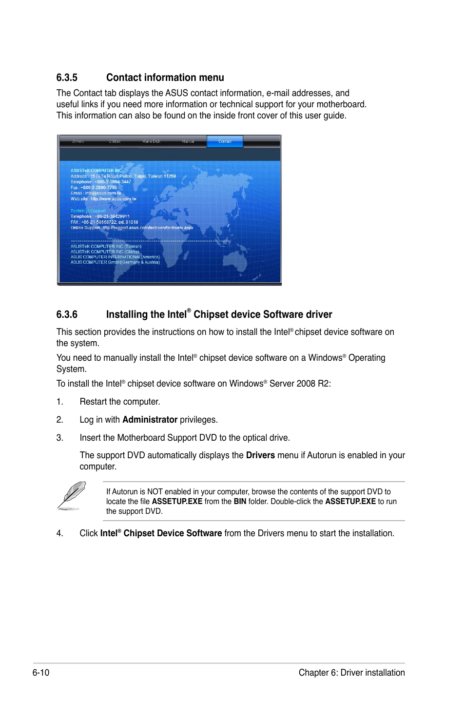 5 contact information menu, 6 installing the intel, Chipset device software driver | Asus P9D-MV User Manual | Page 132 / 156
