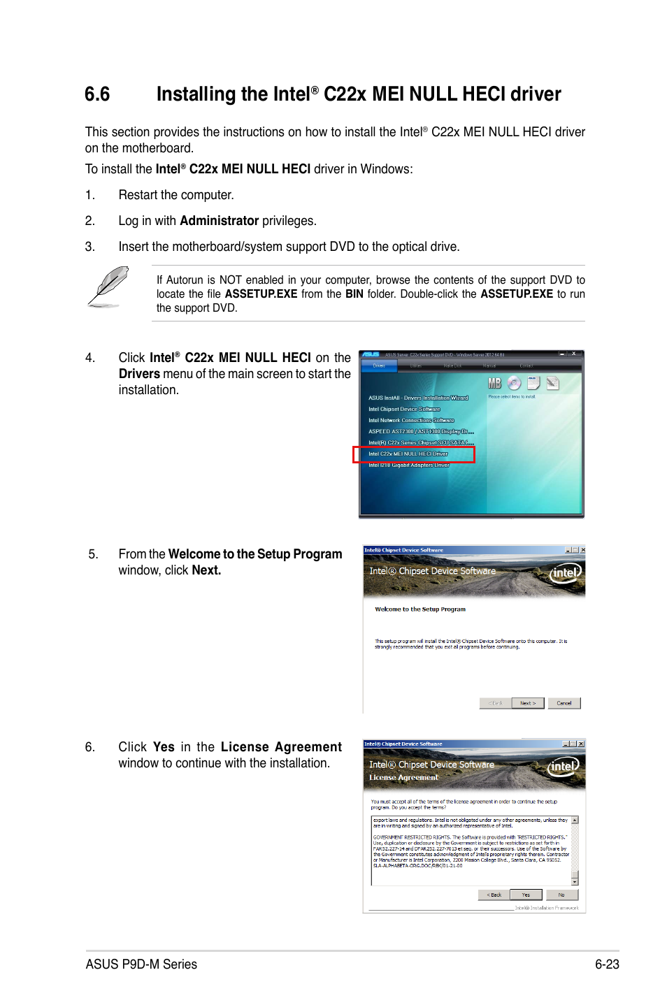 6 installing the intel® c22x mei null heci driver, Installing the intel, C22x mei null heci driver -23 | 6 installing the intel, C22x mei null heci driver | Asus P9D-MV User Manual | Page 145 / 156