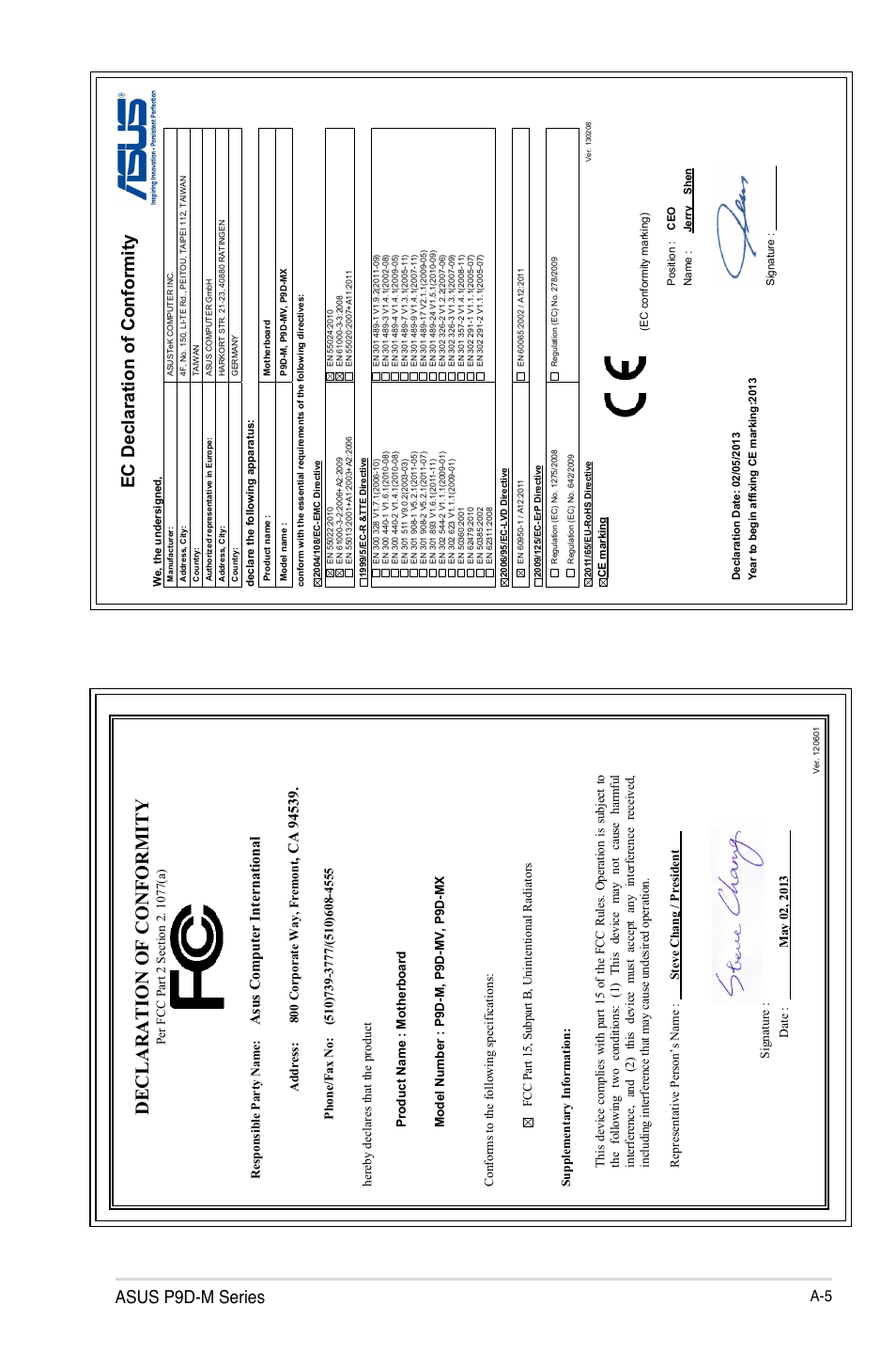 Declaration of conformity, Asus p9d-m series, Ec declaration of conformity | Asu s c om pu te r in te rn at io na l | Asus P9D-MV User Manual | Page 155 / 156