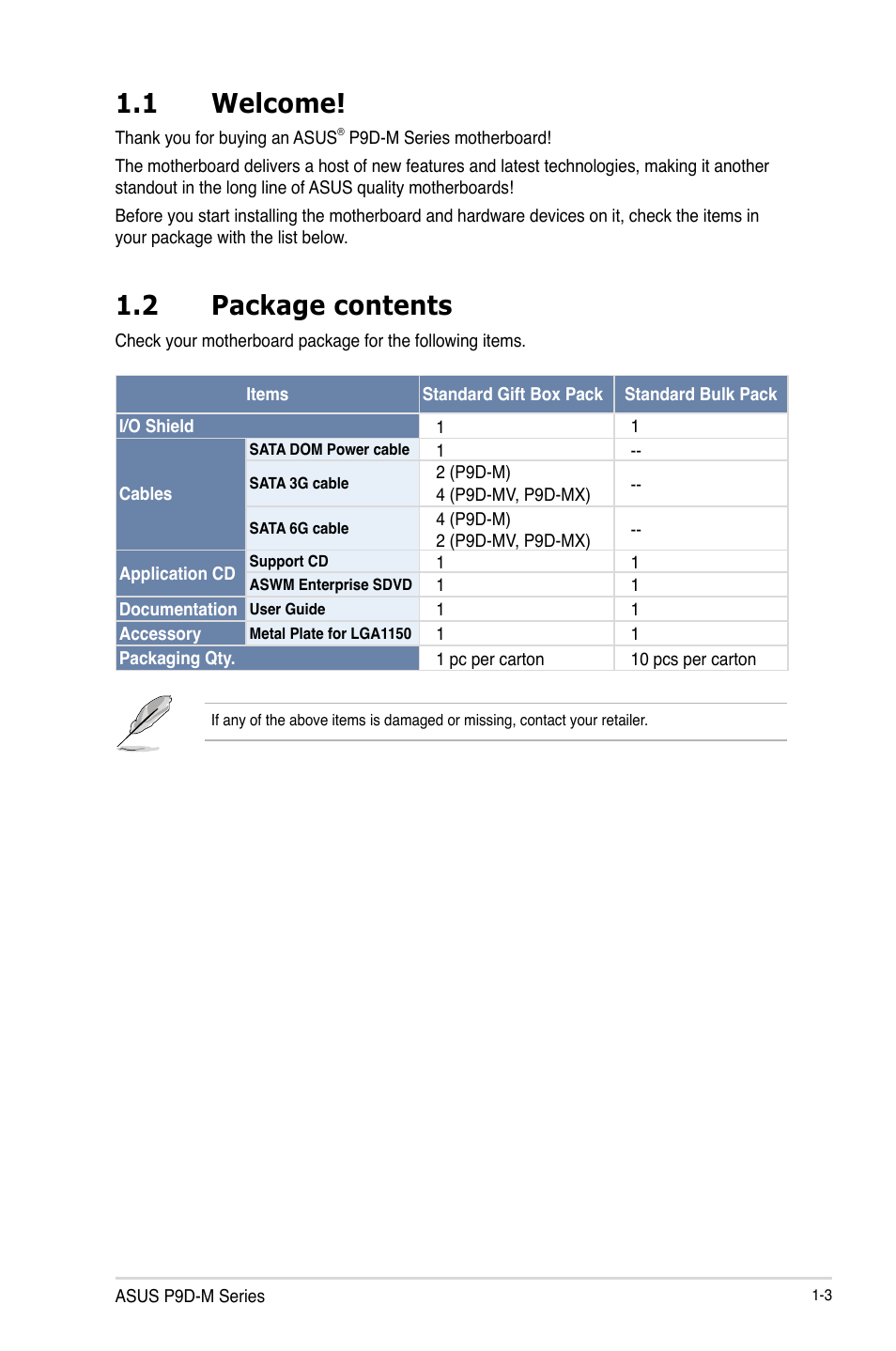 1 welcome, 2 package contents, Welcome! -3 | Package contents -3 | Asus P9D-MV User Manual | Page 17 / 156