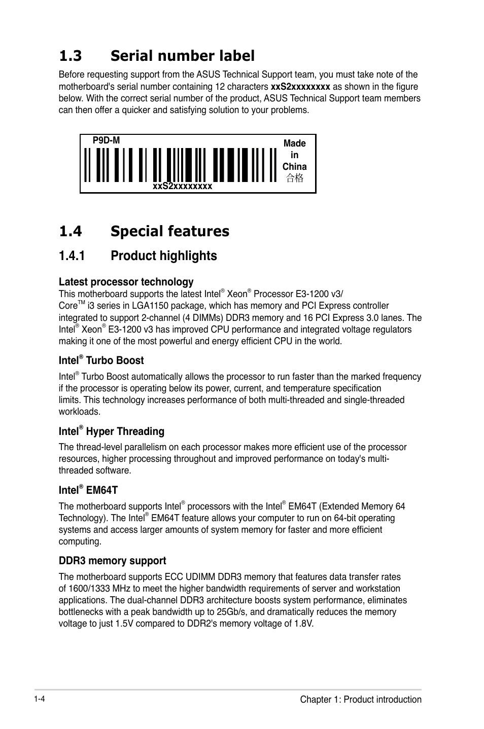 3 serial number label, 4 special features, 1 product highlights | Serial number label -4, Special features -4 1.4.1, Product highlights -4 | Asus P9D-MV User Manual | Page 18 / 156