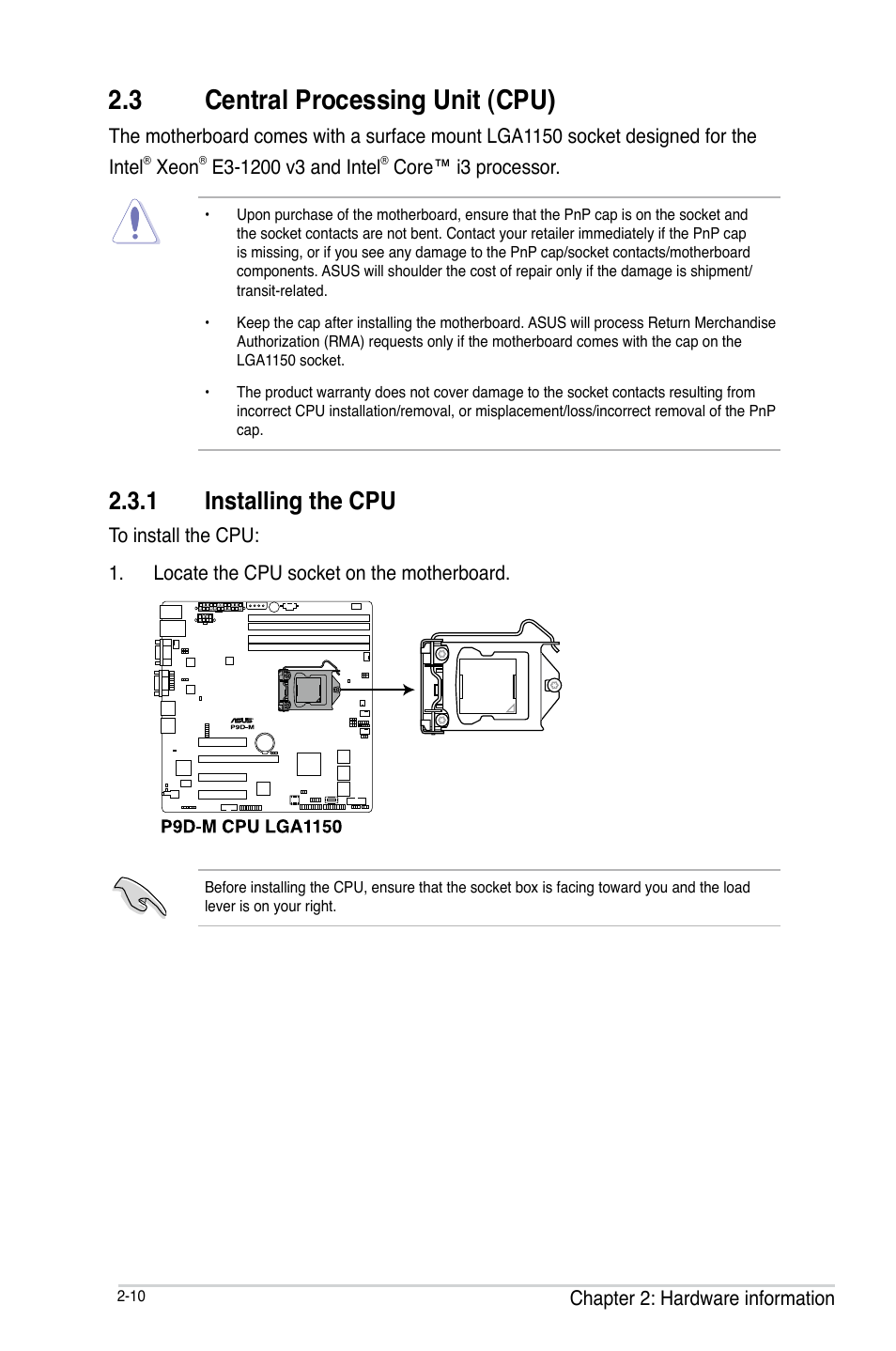 3 central processing unit (cpu), 1 installing the cpu, Central processing unit (cpu) -10 2.3.1 | Installing the cpu -10, Central processing unit (cpu) -8 | Asus P9D-MV User Manual | Page 30 / 156