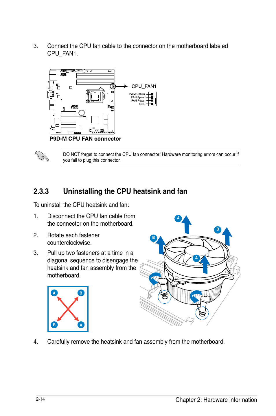 3 uninstalling the cpu heatsink and fan, Uninstalling the cpu heatsink and fan -14 | Asus P9D-MV User Manual | Page 34 / 156