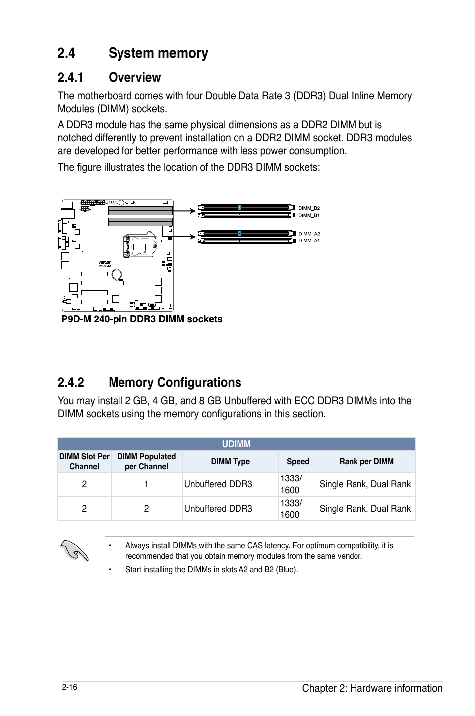 4 system memory, 1 overview, 2 memory configurations | System memory -16 2.4.1, Overview -16, Memory configurations -16, System memory -14 | Asus P9D-MV User Manual | Page 36 / 156