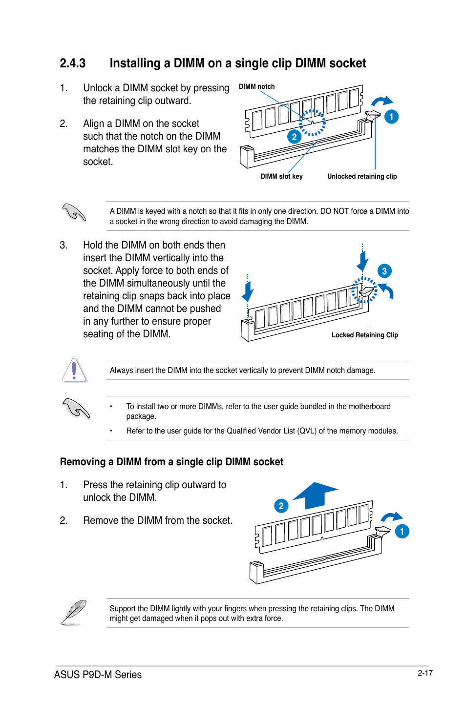 3 installing a dimm on a single clip dimm socket, Installing a dimm on a single clip dimm socket -17 | Asus P9D-MV User Manual | Page 37 / 156