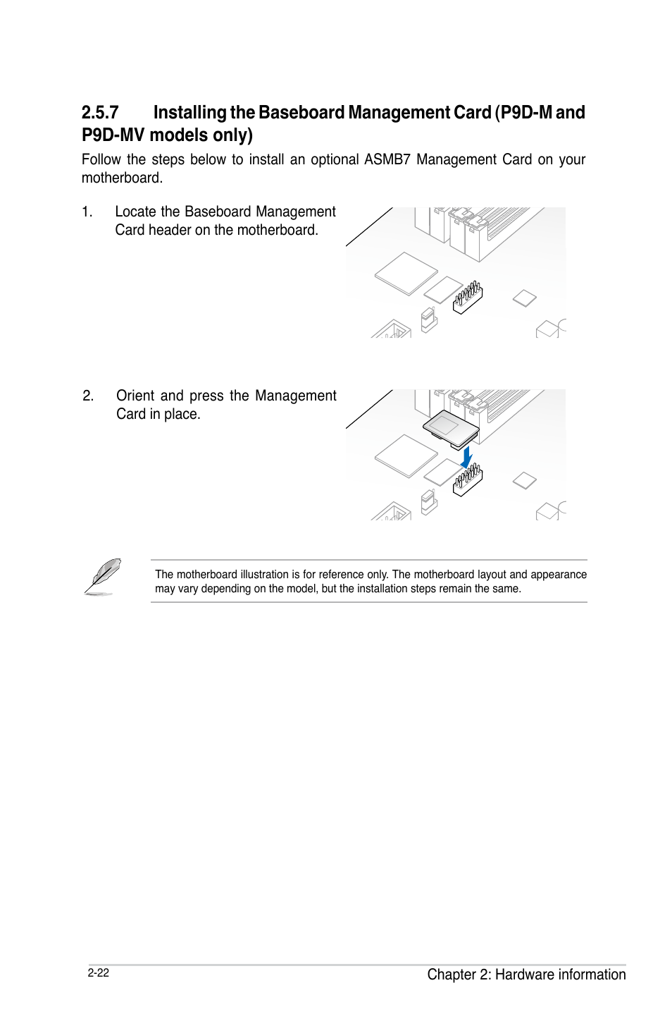 Installing the baseboard management card -22 | Asus P9D-MV User Manual | Page 42 / 156