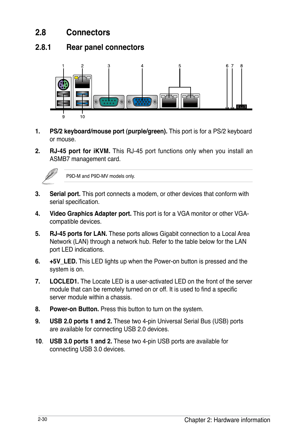 8 connectors, 1 rear panel connectors, Connectors -30 2.8.1 | Rear panel connectors -30, Connectors -28 | Asus P9D-MV User Manual | Page 50 / 156