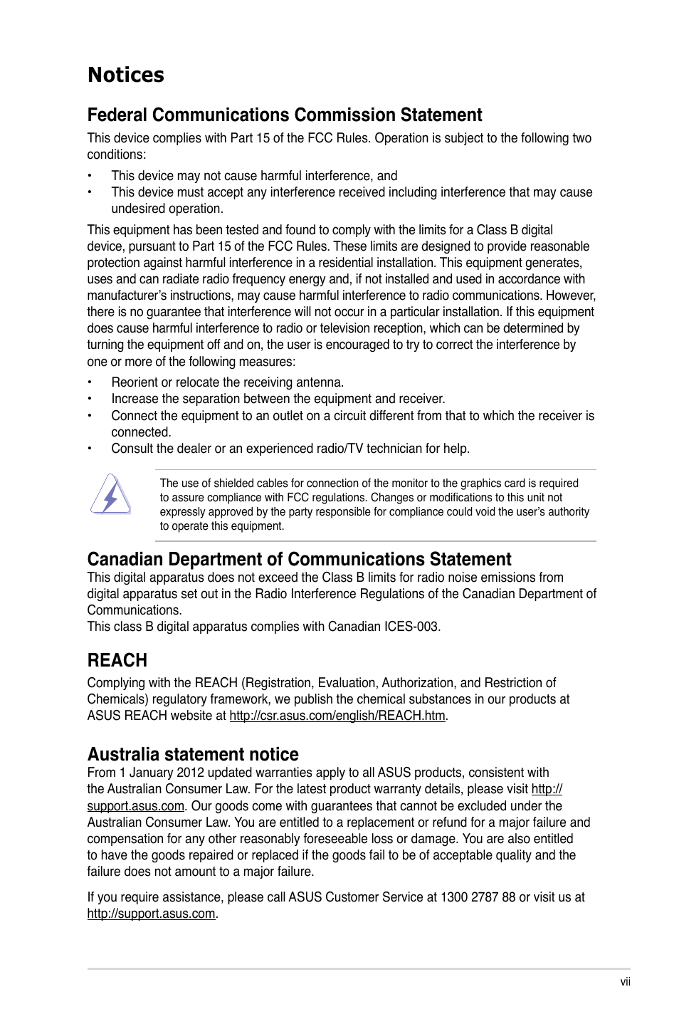 Notices, Federal communications commission statement, Canadian department of communications statement | Reach, Australia statement notice | Asus P9D-MV User Manual | Page 7 / 156