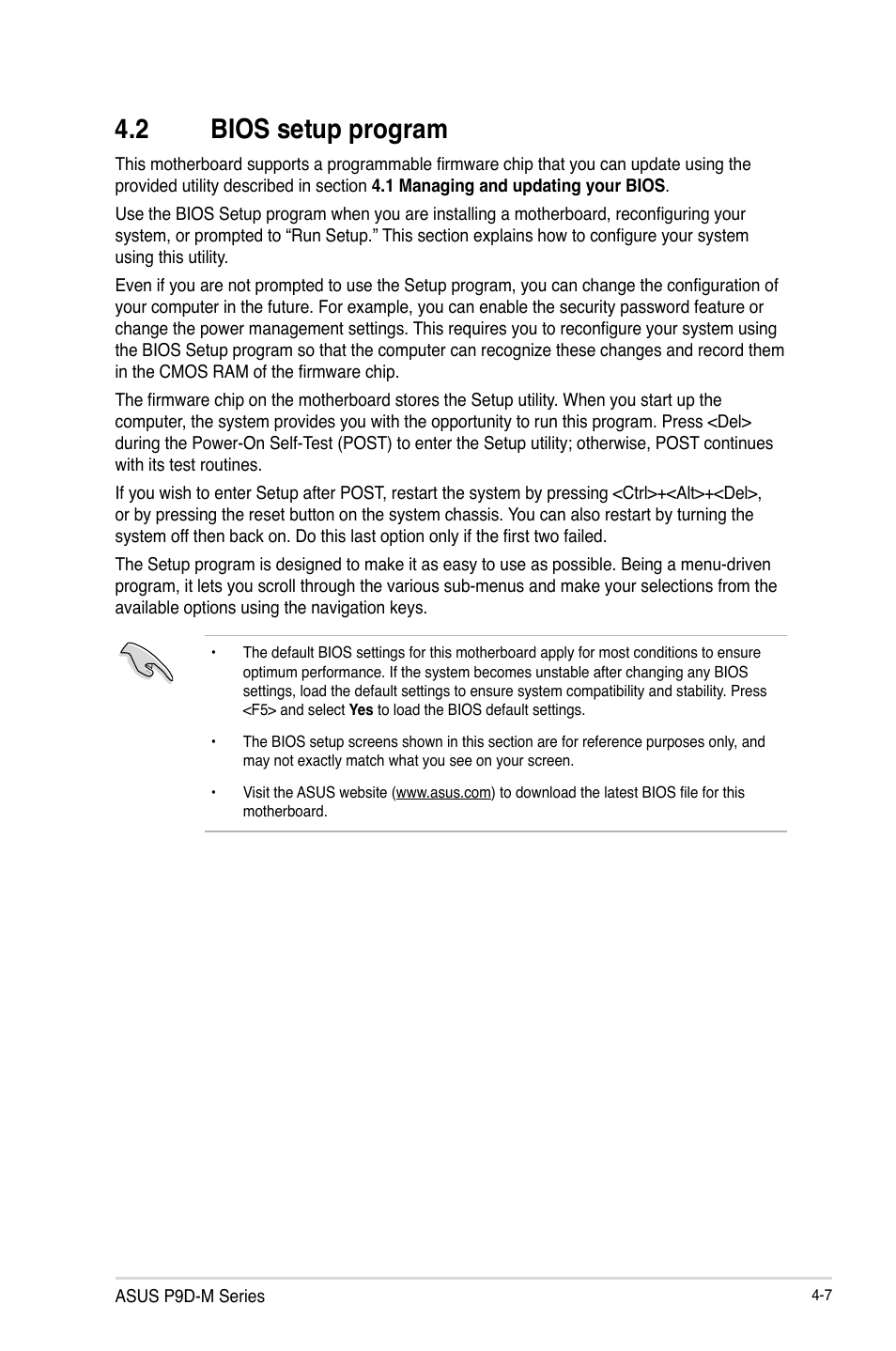 2 bios setup program, Bios setup program -7 | Asus P9D-MV User Manual | Page 71 / 156