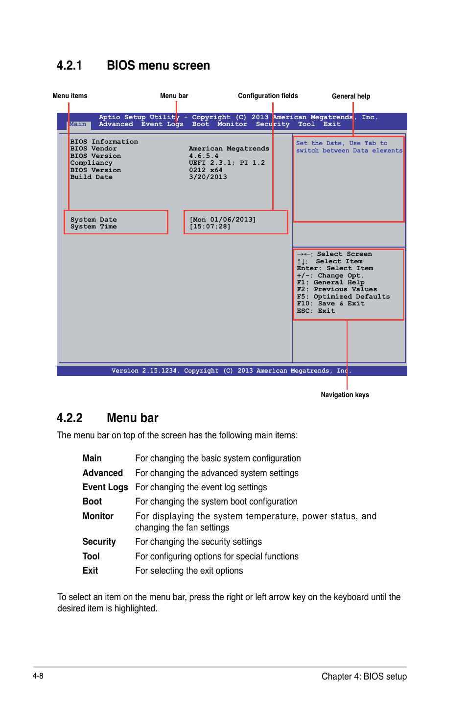 1 bios menu screen, 2 menu bar, Bios menu screen -8 | Menu bar -8 | Asus P9D-MV User Manual | Page 72 / 156