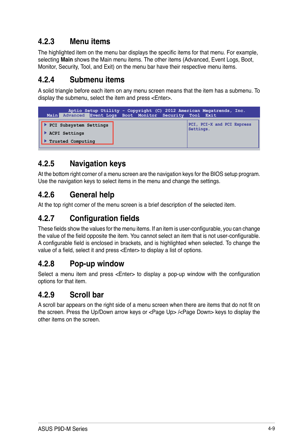 3 menu items, 4 submenu items, 5 navigation keys | 6 general help, 7 configuration fields, 8 pop-up window, 9 scroll bar, Menu items -9, Submenu items -9, Navigation keys -9 | Asus P9D-MV User Manual | Page 73 / 156