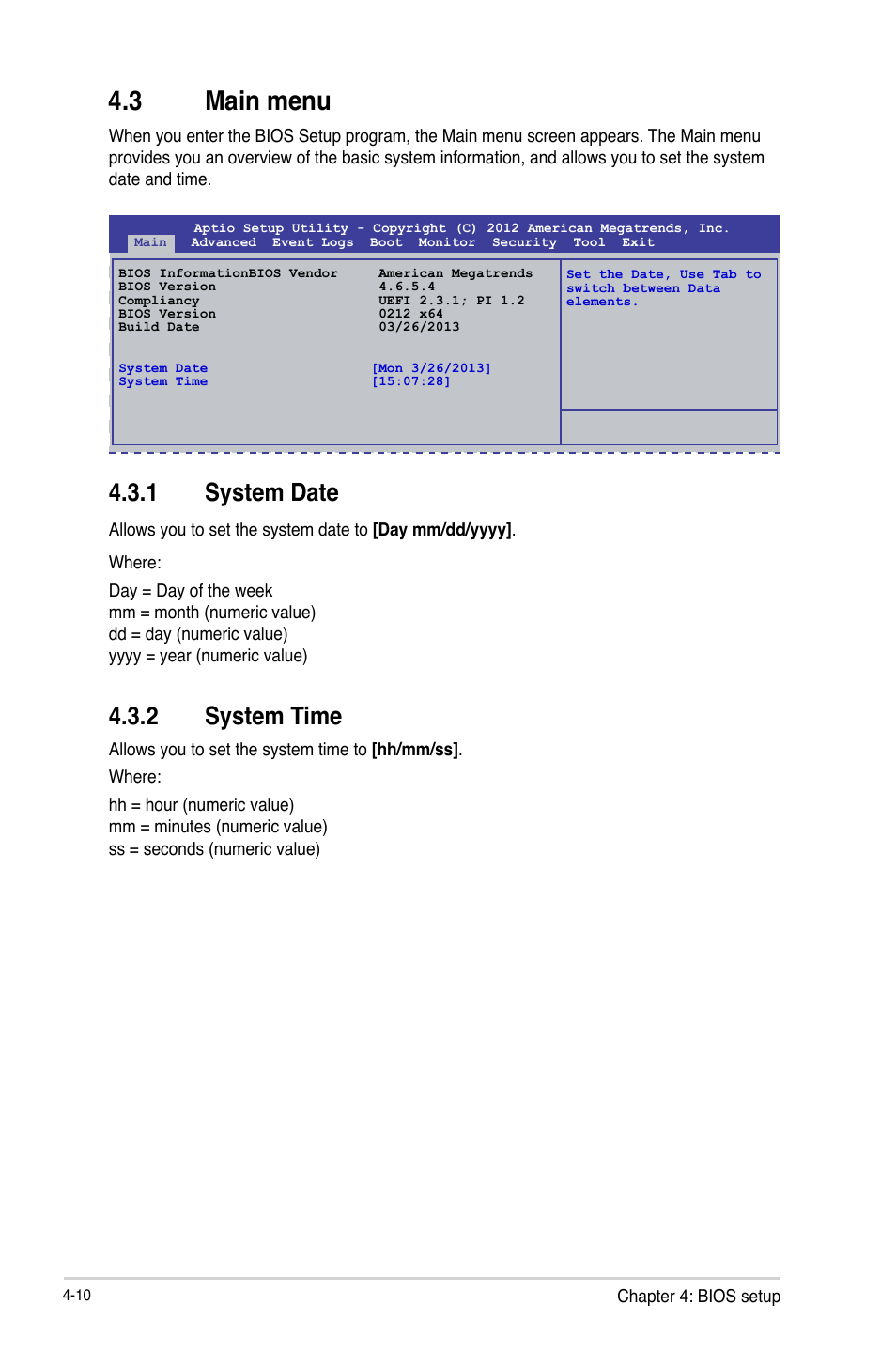 3 main menu, 1 system date, 2 system time | Main menu -10 4.3.1, System date -10, System time -10, Main menu -10 | Asus P9D-MV User Manual | Page 74 / 156
