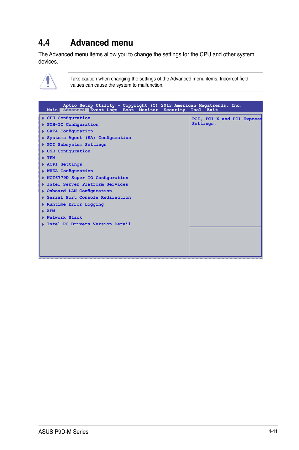 4 advanced menu, Advanced menu -11, Asus p9d-m series | Asus P9D-MV User Manual | Page 75 / 156