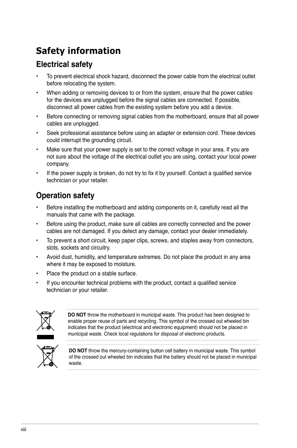 Safety information, Electrical safety, Operation safety | Asus P9D-MV User Manual | Page 8 / 156