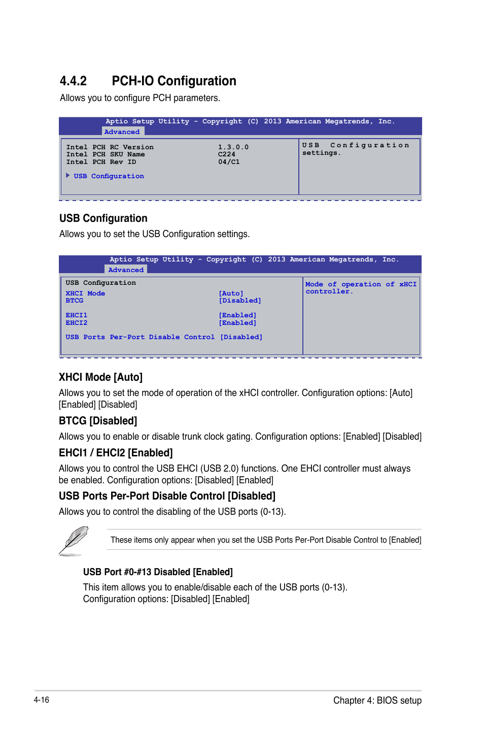 2 pch-io configuration, Pch-io configuration -16, Usb configuration | Xhci mode [auto, Btcg [disabled, Ehci1 / ehci2 [enabled, Usb ports per-port disable control [disabled | Asus P9D-MV User Manual | Page 80 / 156