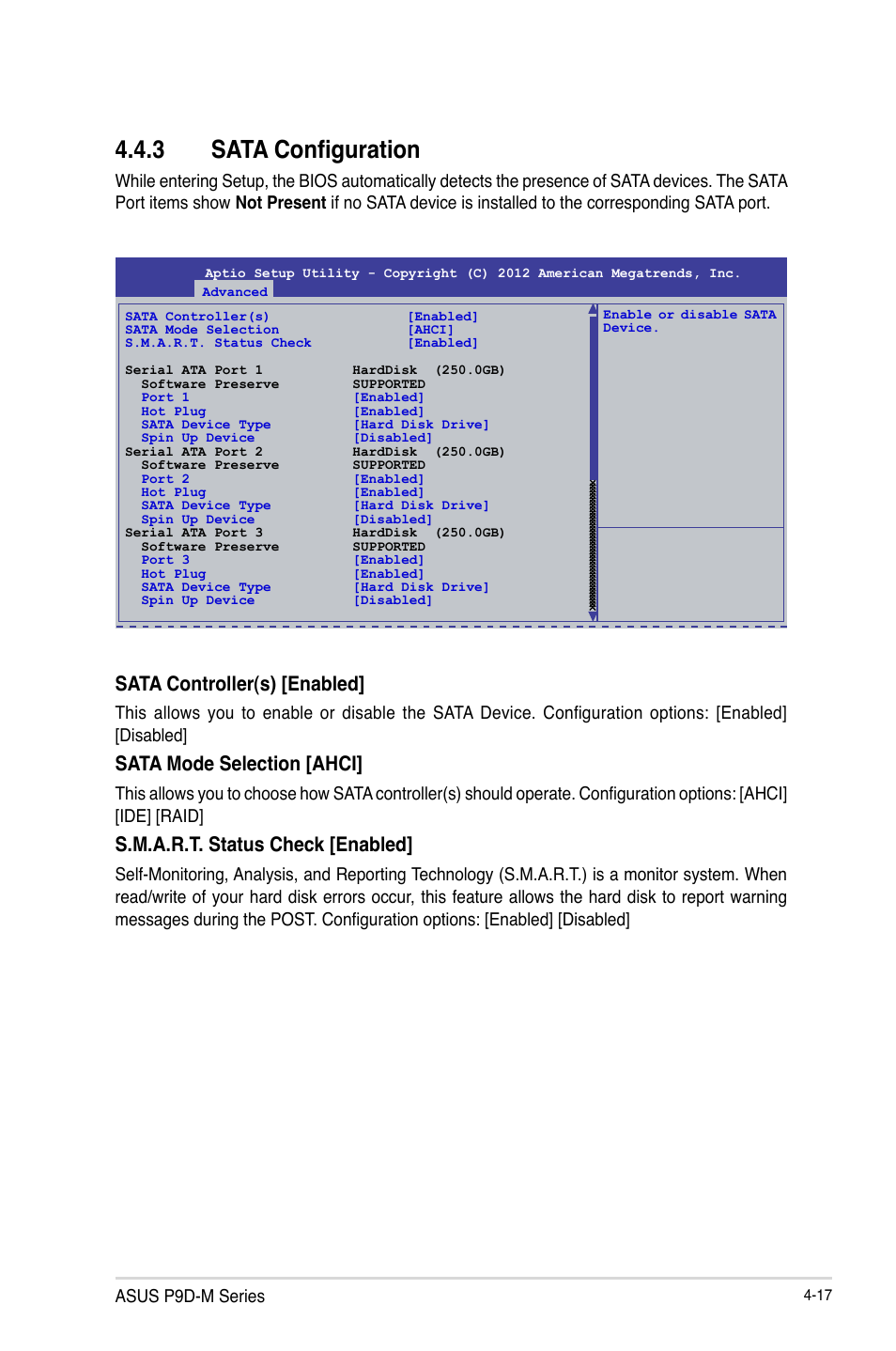 3 sata configuration, Sata configuration -17, Sata controller(s) [enabled | Sata mode selection [ahci, S.m.a.r.t. status check [enabled | Asus P9D-MV User Manual | Page 81 / 156