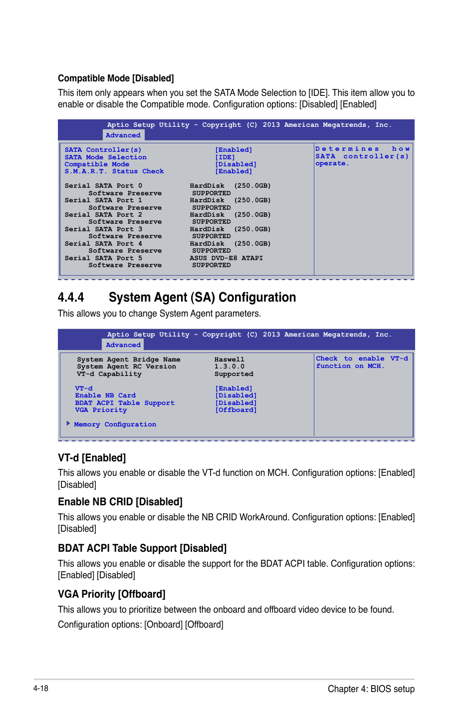 4 system agent (sa) configuration, System agent (sa) configuration -18, Vt-d [enabled | Enable nb crid [disabled, Bdat acpi table support [disabled, Vga priority [offboard | Asus P9D-MV User Manual | Page 82 / 156