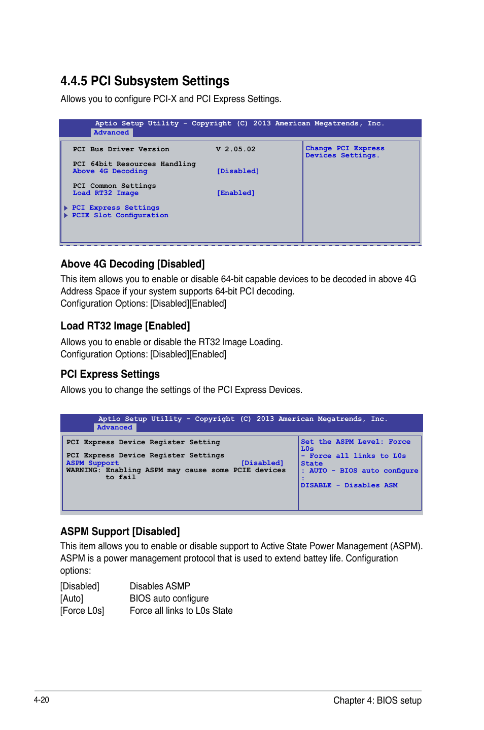 5 pci subsystem settings, Pci subsystem settings -20, Above 4g decoding [disabled | Load rt32 image [enabled, Pci express settings, Aspm support [disabled | Asus P9D-MV User Manual | Page 84 / 156