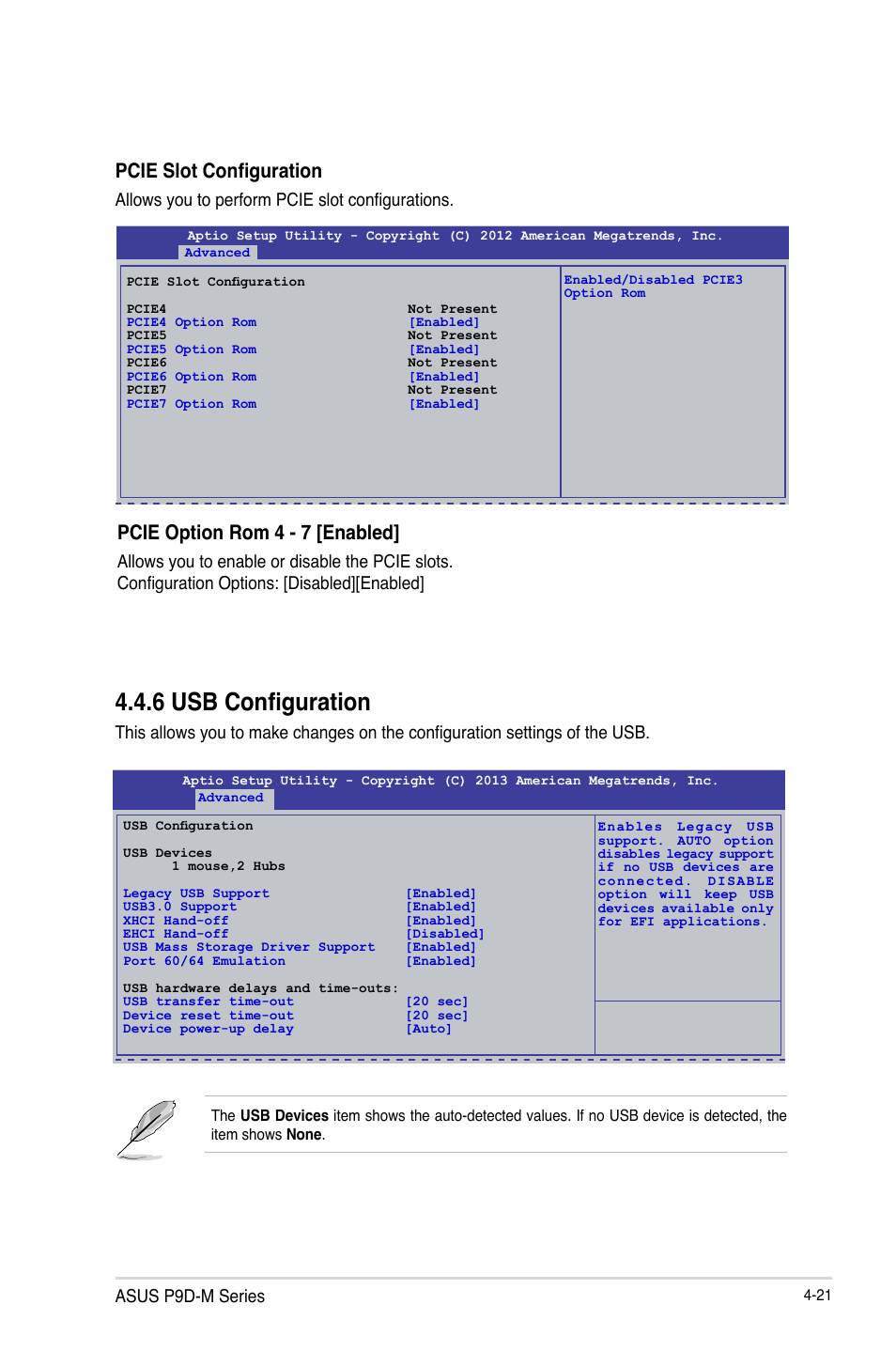 6 usb configuration, Usb configuration -21, Pcie slot configuration | Pcie option rom 4 - 7 [enabled, Asus p9d-m series, Allows you to perform pcie slot configurations | Asus P9D-MV User Manual | Page 85 / 156