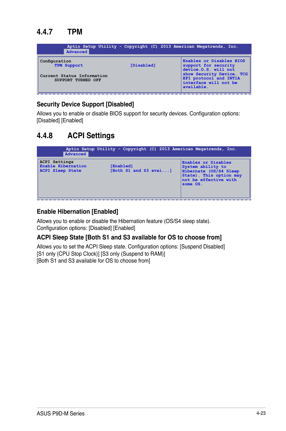 7 tpm, 8 acpi settings, Tpm -23 | Acpi settings -23, Security device support [disabled, Enable hibernation [enabled | Asus P9D-MV User Manual | Page 87 / 156