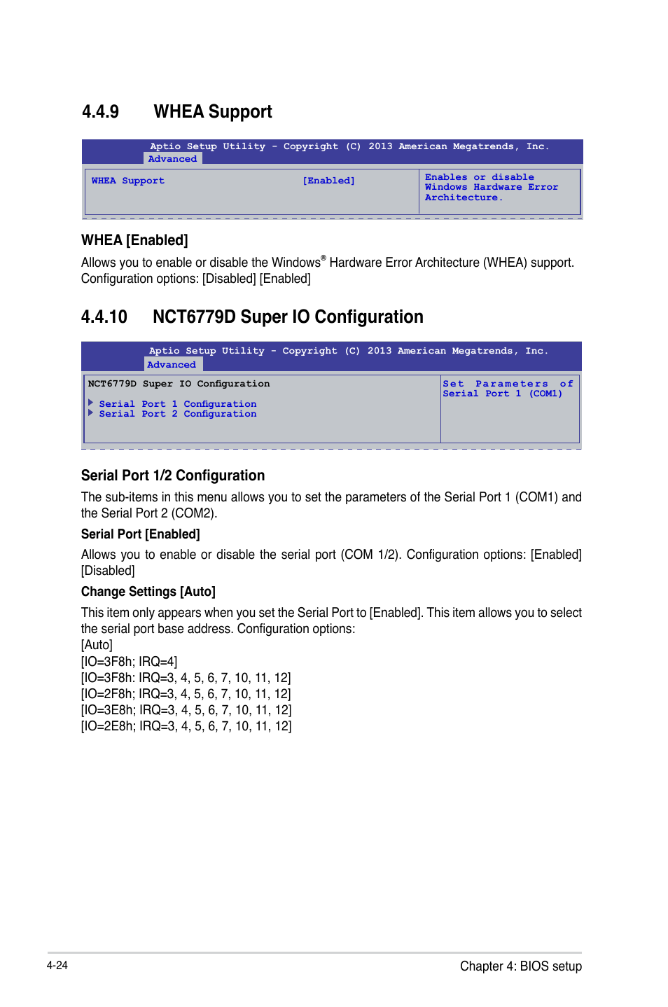 9 whea support, 10 nct6779d super io configuration, Whea support -24 | Nct6779d super io configuration -24, Serial port 1/2 configuration, Whea [enabled | Asus P9D-MV User Manual | Page 88 / 156