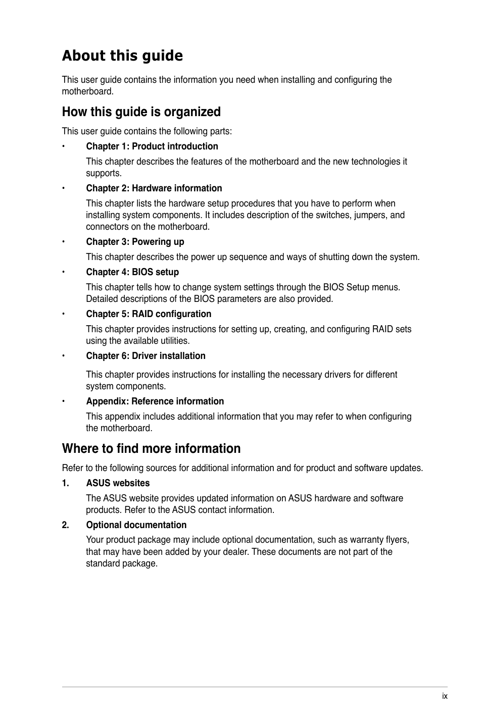 About this guide, How this guide is organized, Where to find more information | Asus P9D-MV User Manual | Page 9 / 156