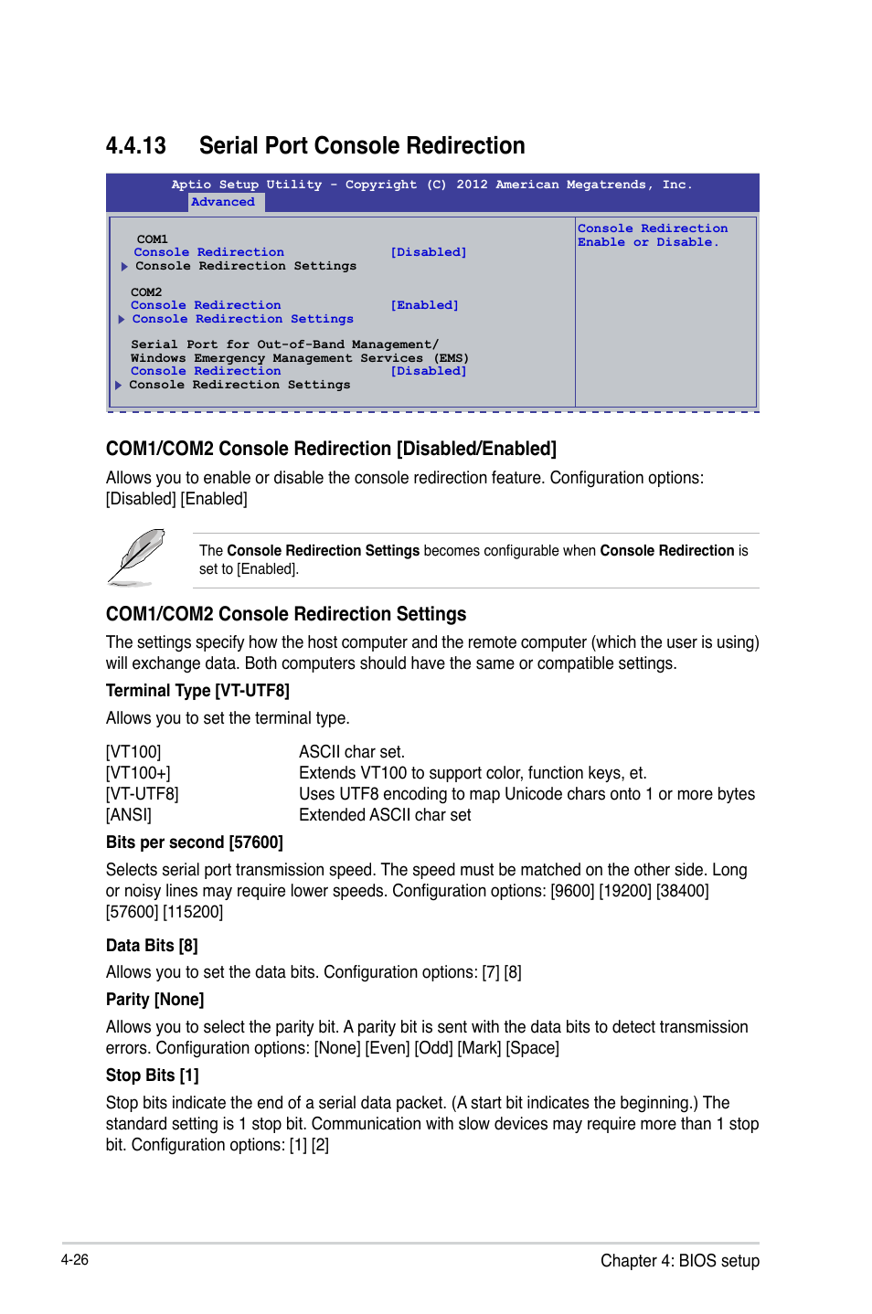 13 serial port console redirection, Serial port console redirection -26, Com1/com2 console redirection [disabled/enabled | Com1/com2 console redirection settings | Asus P9D-MV User Manual | Page 90 / 156