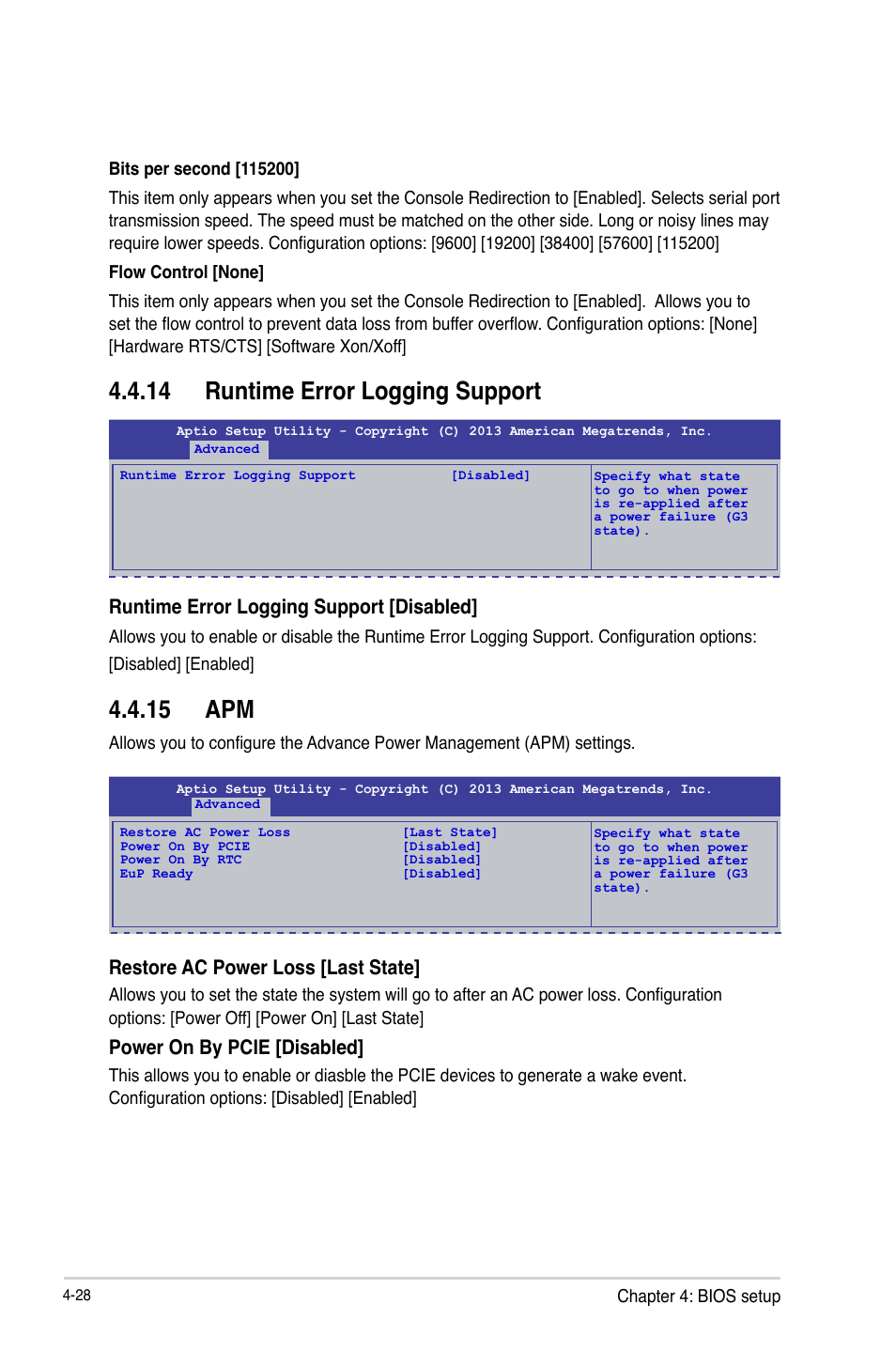 14 runtime error logging support, 15 apm, Runtime error logging support -28 | Apm -28, Restore ac power loss [last state, Power on by pcie [disabled, Runtime error logging support [disabled | Asus P9D-MV User Manual | Page 92 / 156