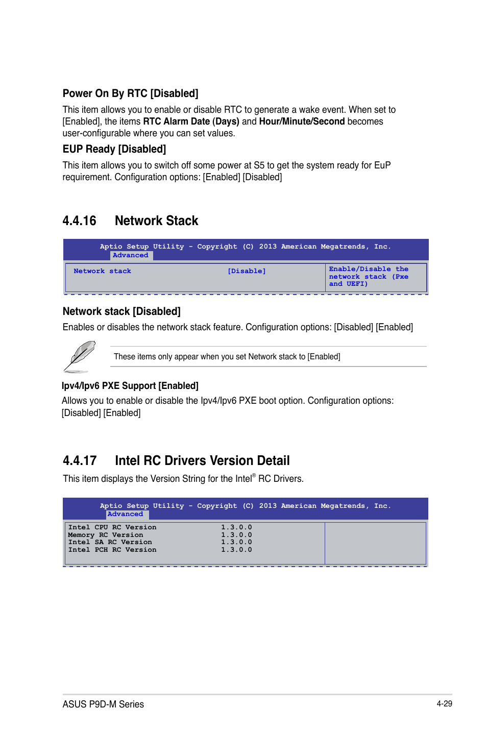 16 network stack, 17 intel rc drivers version detail, Network stack -29 | Intel rc drivers version detail -29, Power on by rtc [disabled, Eup ready [disabled, Network stack [disabled | Asus P9D-MV User Manual | Page 93 / 156