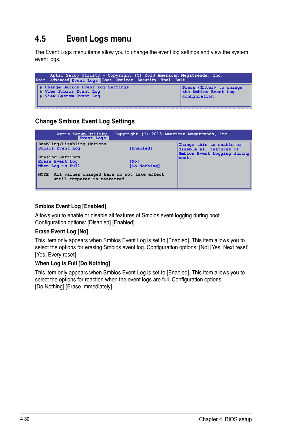 5 event logs menu, Event logs menu -30, Event logs menu -31 | Change smbios event log settings | Asus P9D-MV User Manual | Page 94 / 156