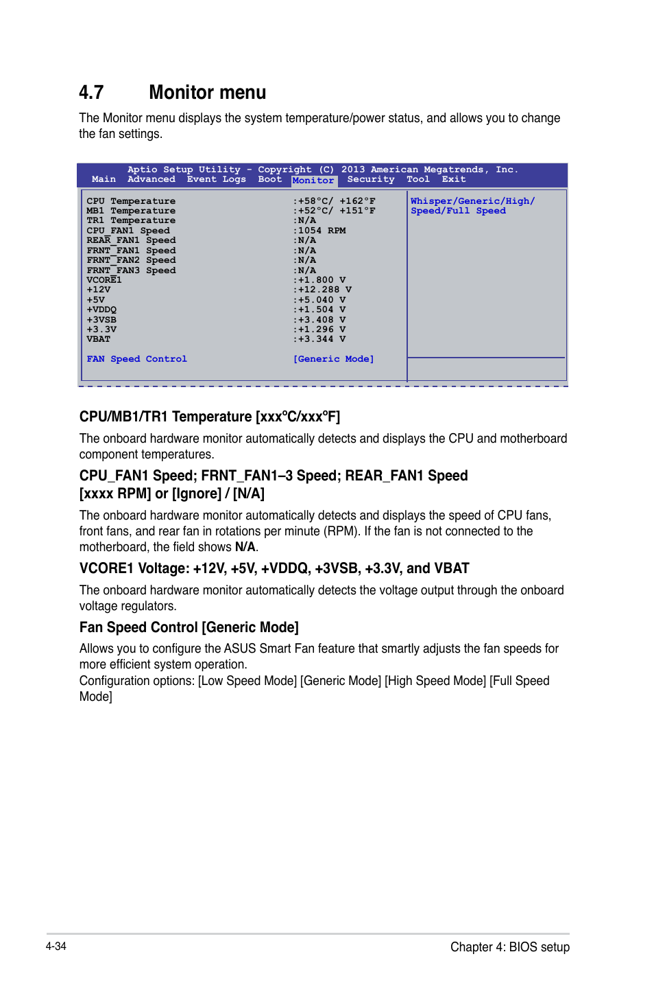 7 monitor menu, Monitor menu -34, Monitor menu -35 | Cpu/mb1/tr1 temperature [xxxºc/xxxºf, Fan speed control [generic mode | Asus P9D-MV User Manual | Page 98 / 156