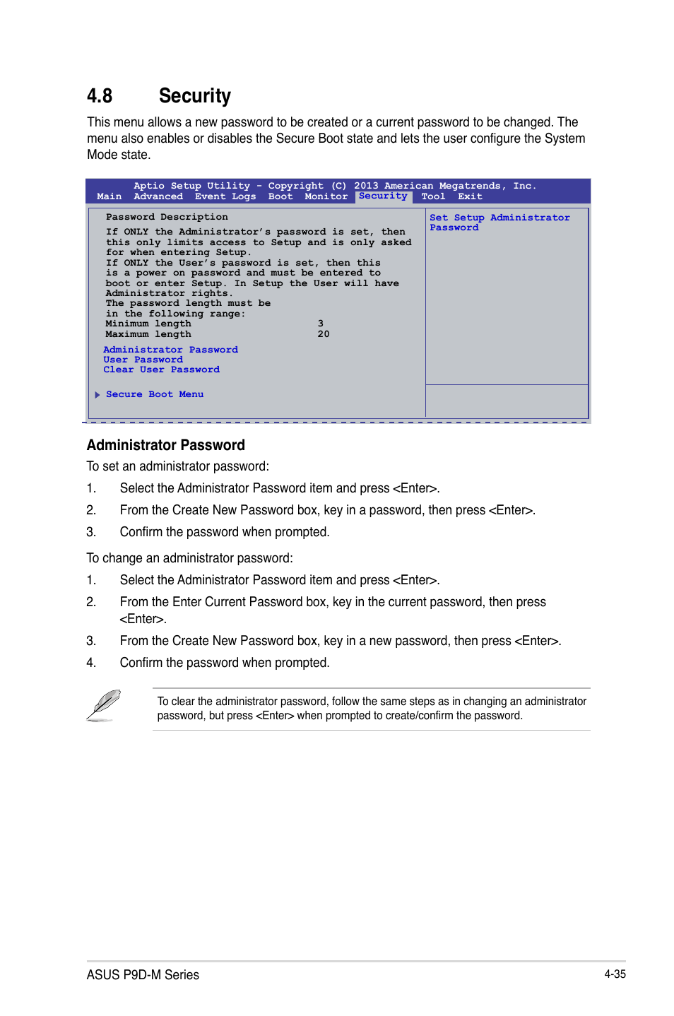 8 security, Security -35, Security -36 | Administrator password | Asus P9D-MV User Manual | Page 99 / 156