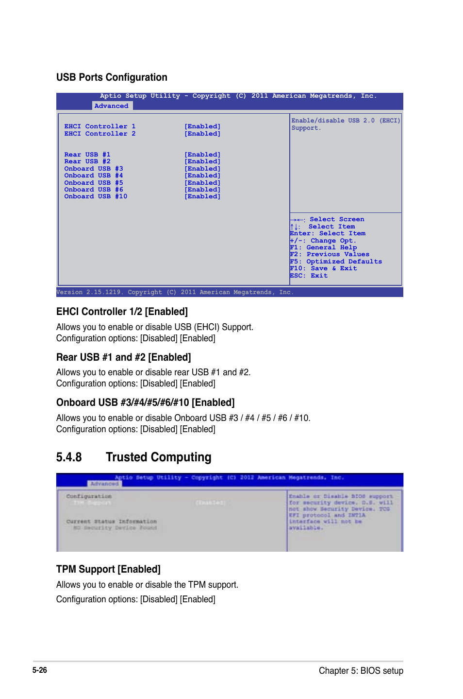 8 trusted computing, Usb ports configuration, Tpm support [enabled | Ehci controller 1/2 [enabled, Rear usb #1 and #2 [enabled | Asus RS740-E7-RS24-EG User Manual | Page 112 / 212