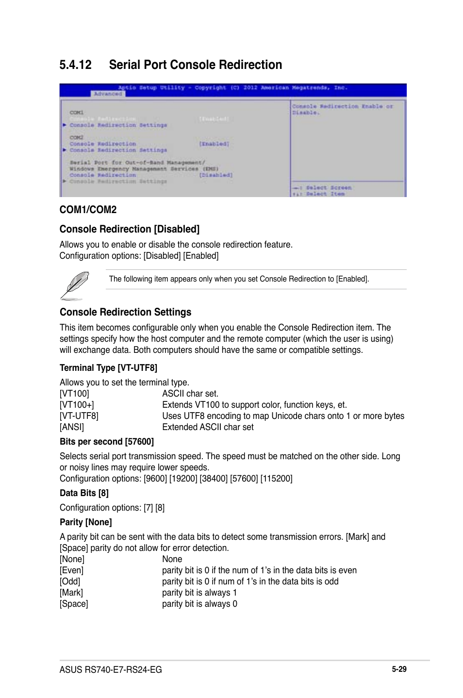 12 serial port console redirection | Asus RS740-E7-RS24-EG User Manual | Page 115 / 212