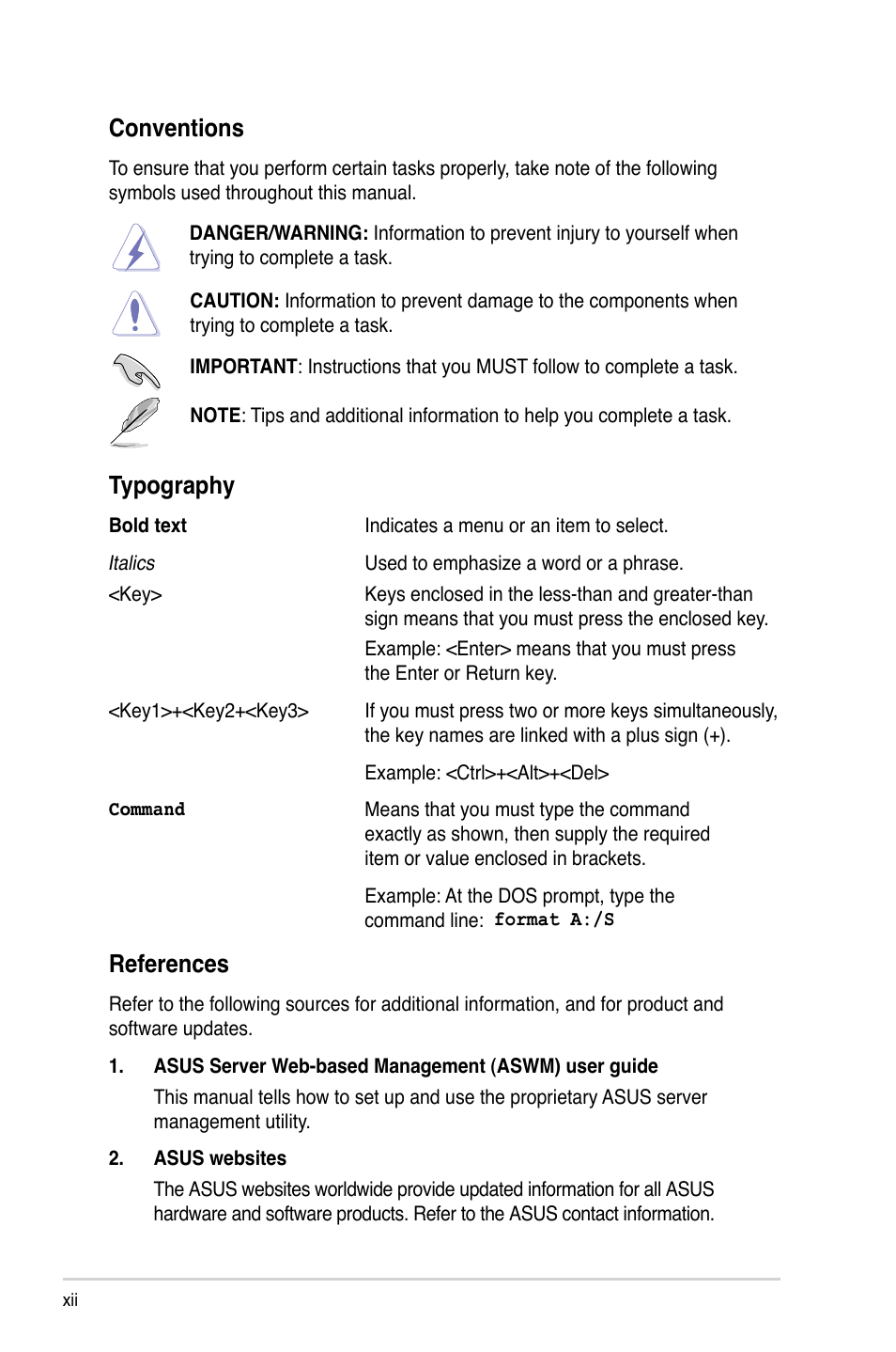 References, Conventions, Typography | Asus RS740-E7-RS24-EG User Manual | Page 12 / 212