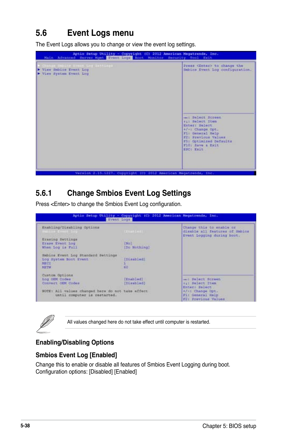 6 event logs menu, 1 change smbios event log settings | Asus RS740-E7-RS24-EG User Manual | Page 124 / 212