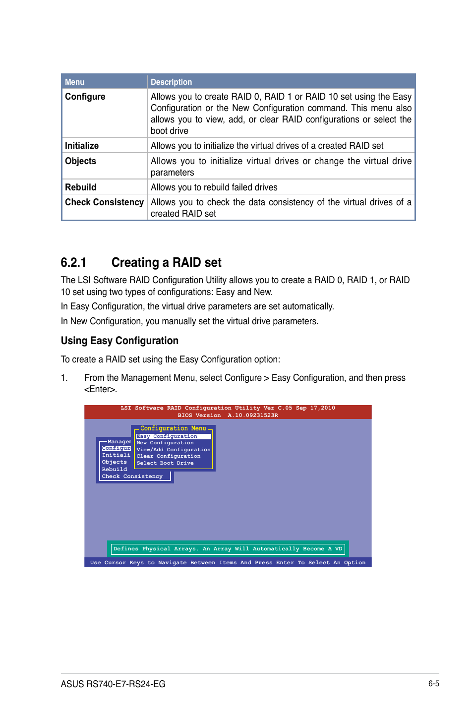 1 creating a raid set, Using easy configuration | Asus RS740-E7-RS24-EG User Manual | Page 139 / 212