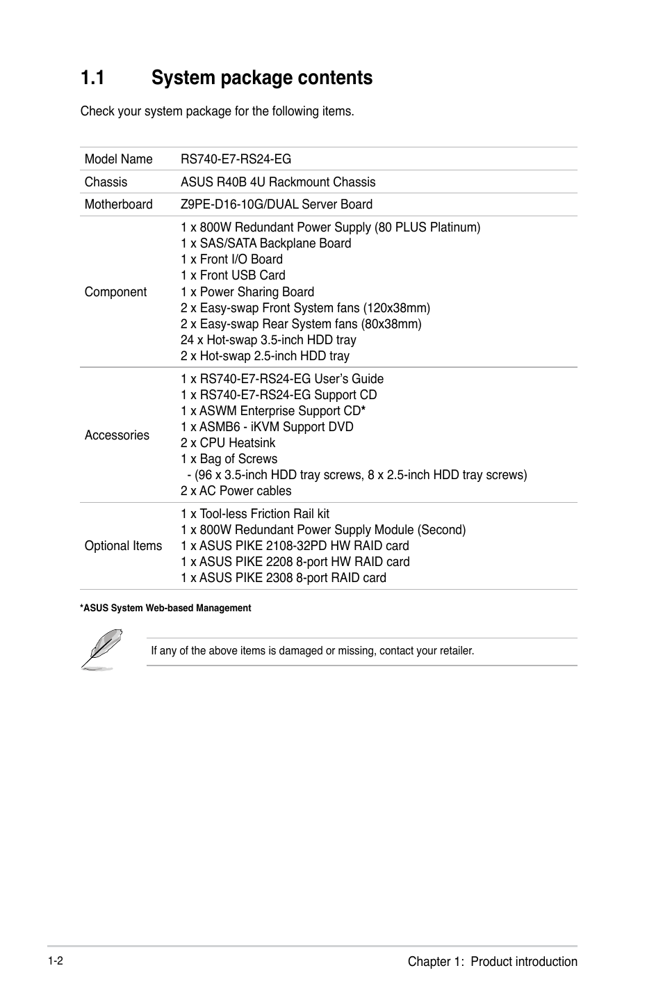 1 system package contents | Asus RS740-E7-RS24-EG User Manual | Page 14 / 212