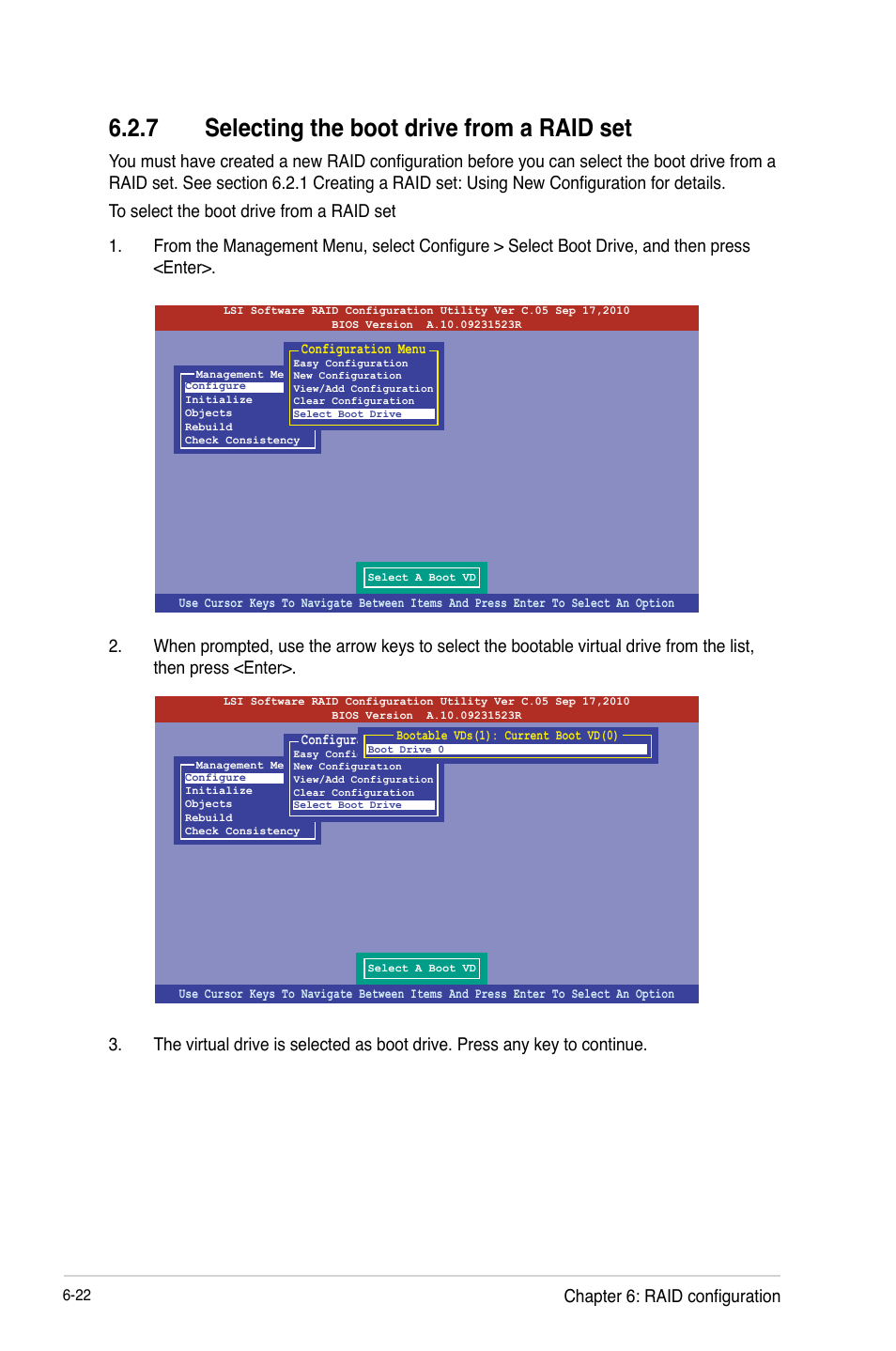 7 selecting the boot drive from a raid set, Chapter 6: raid configuration | Asus RS740-E7-RS24-EG User Manual | Page 156 / 212