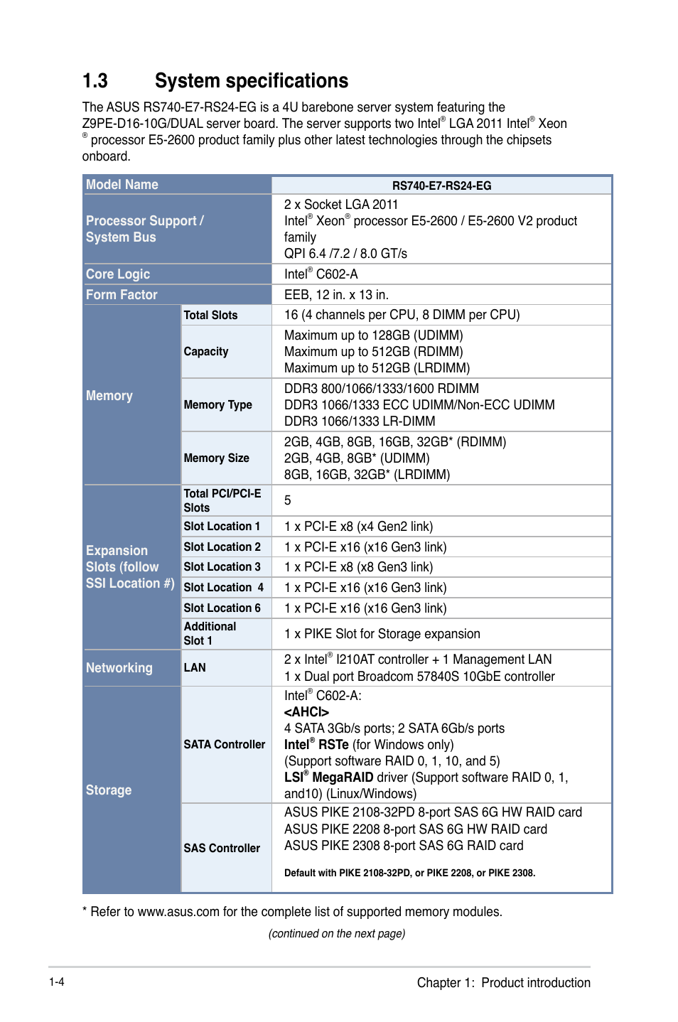 3 system specifications | Asus RS740-E7-RS24-EG User Manual | Page 16 / 212