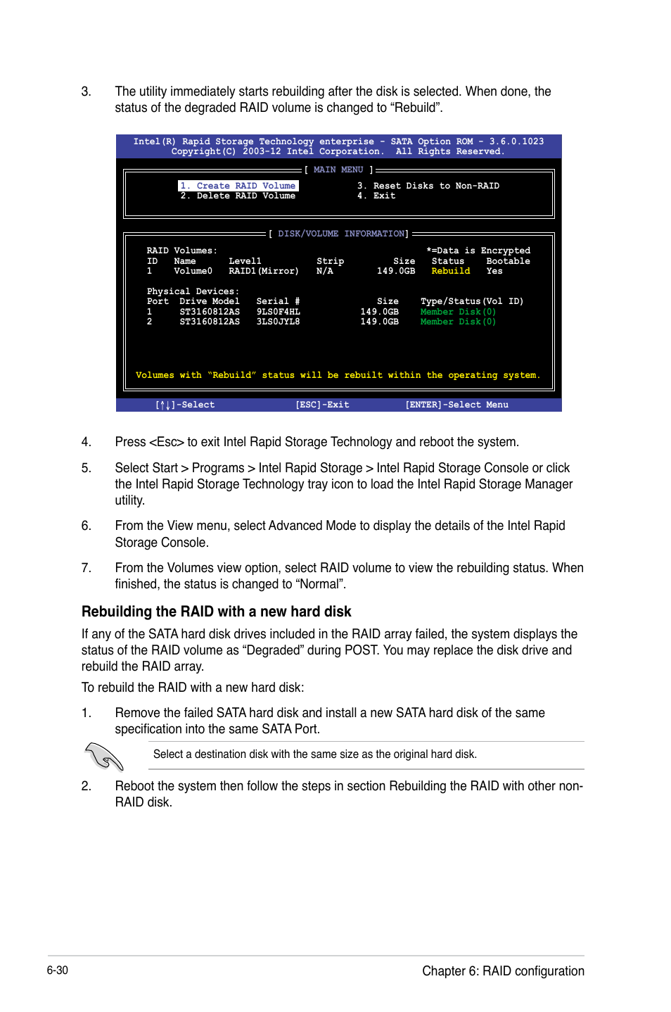 Rebuilding the raid with a new hard disk | Asus RS740-E7-RS24-EG User Manual | Page 164 / 212